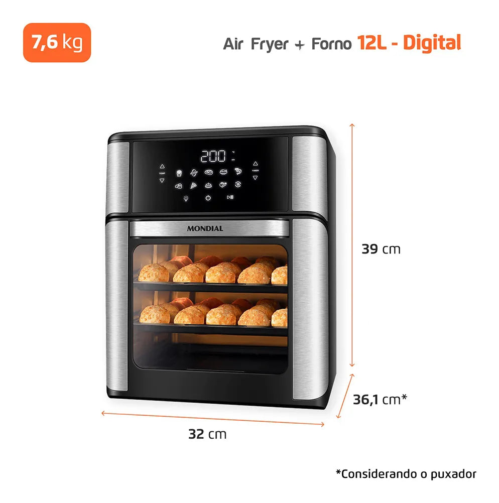 Air Fryer Forno 12L Afon-12l-gi 2000w Digital Mondial - Preto/Inox - Image 8